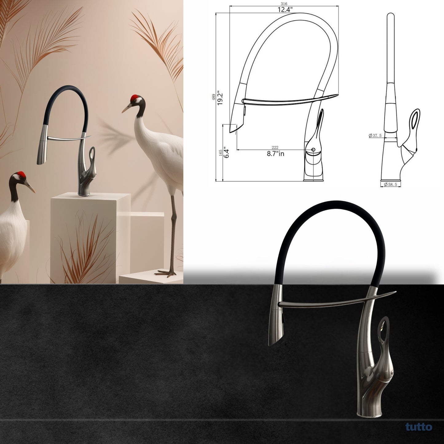 Tutto Luxury Kitchen Faucet – Crane‑Design, Magnetic Pull‑Down Spout Brushed Nickel