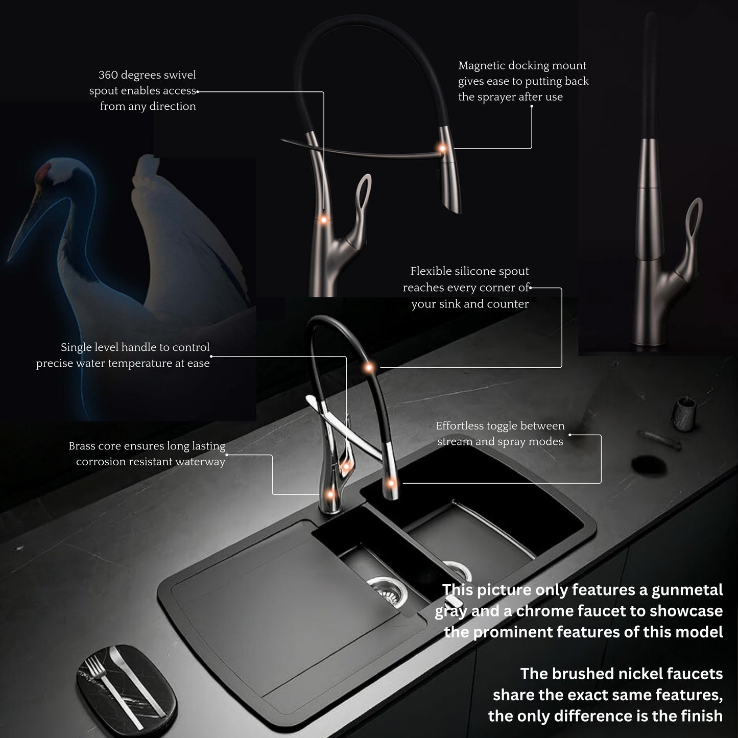 Tutto Luxury Kitchen Faucet – Crane‑Design, Magnetic Pull‑Down Spout Brushed Nickel