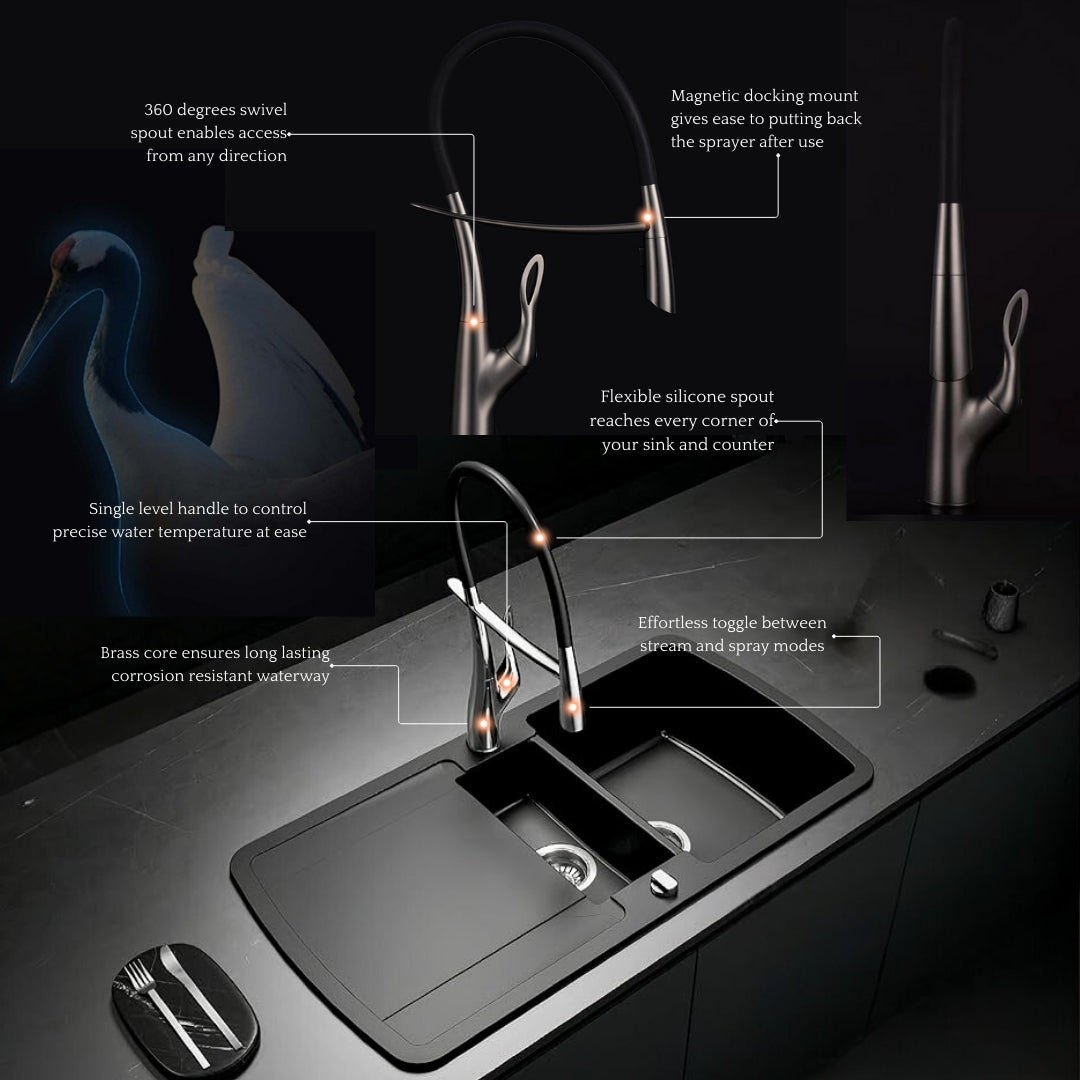 Tutto Luxury Kitchen Faucet – Crane‑Design, Magnetic Pull‑Down Spout Chrome