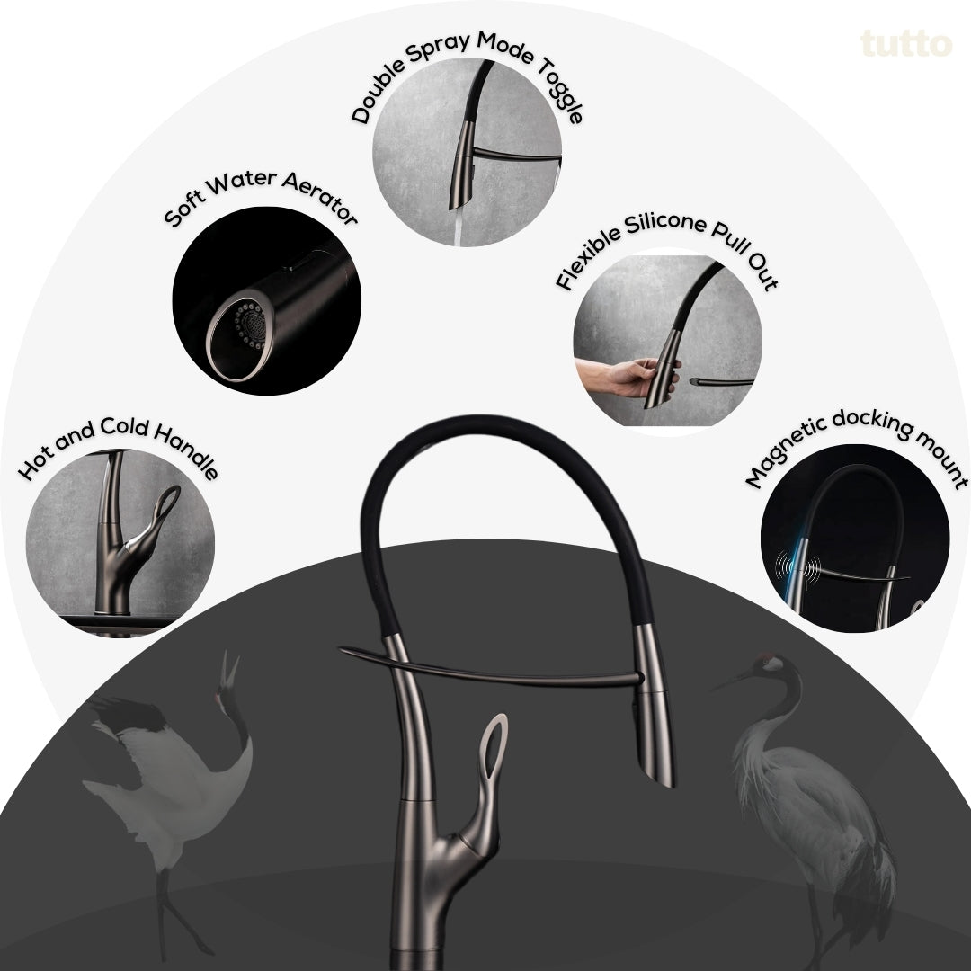 Tutto Luxury Kitchen Faucet – Crane‑Design, Magnetic Pull‑Down Spout Gunmetal Gray