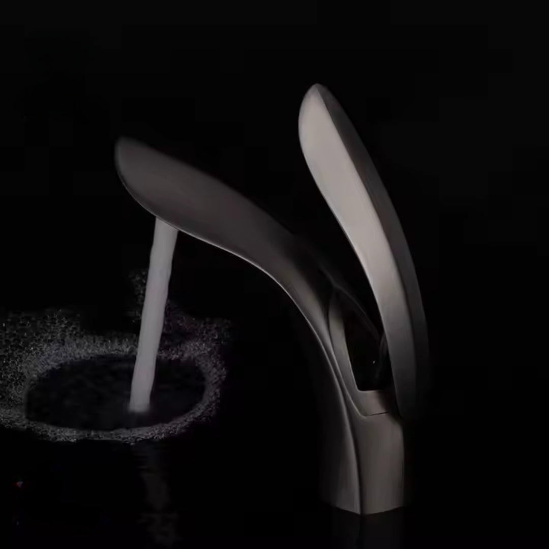 Gunmetal Gray Leaf‑Inspired Bathroom Faucet – Soft Aerated Stream