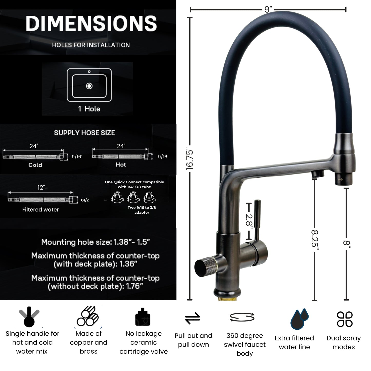 Reverse Osmosis Filter Compatible 3-in-1 Kitchen Faucet Gunmetal Gray