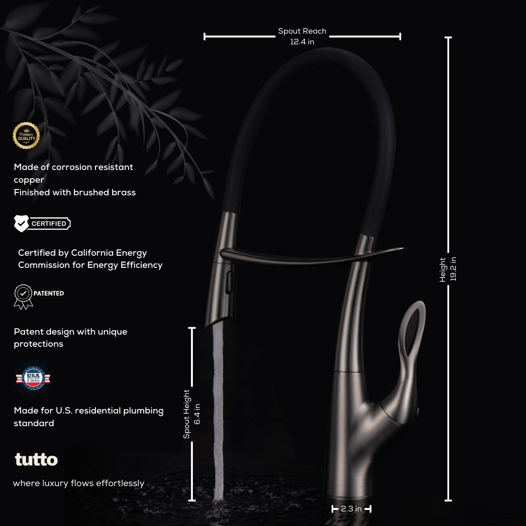 Tutto Luxury Kitchen Faucet – Crane‑Design, Magnetic Pull‑Down Spout Gunmetal Gray