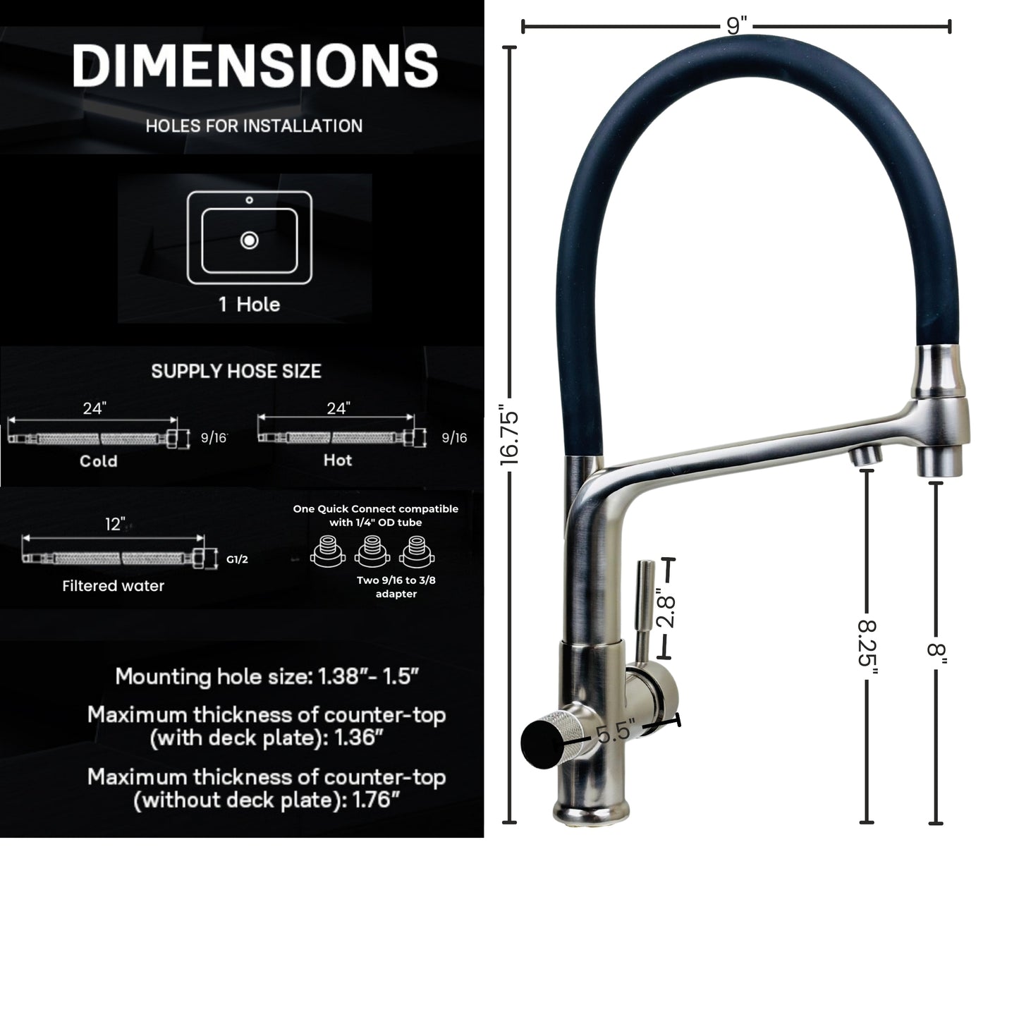 Reverse Osmosis Compatible 3-in-1 Kitchen Faucet Brushed Nickel