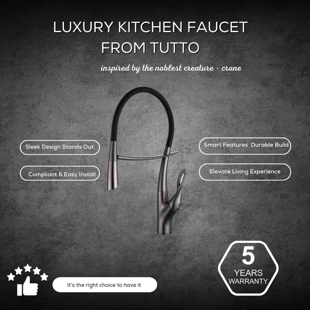 Tutto Luxury Kitchen Faucet – Crane‑Design, Magnetic Pull‑Down Spout Gunmetal Gray
