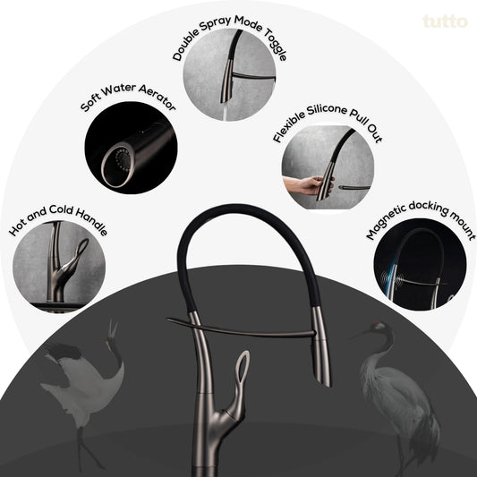 Tutto Luxury Kitchen Faucet – Crane‑Design, Magnetic Pull‑Down Spout Gunmetal Gray