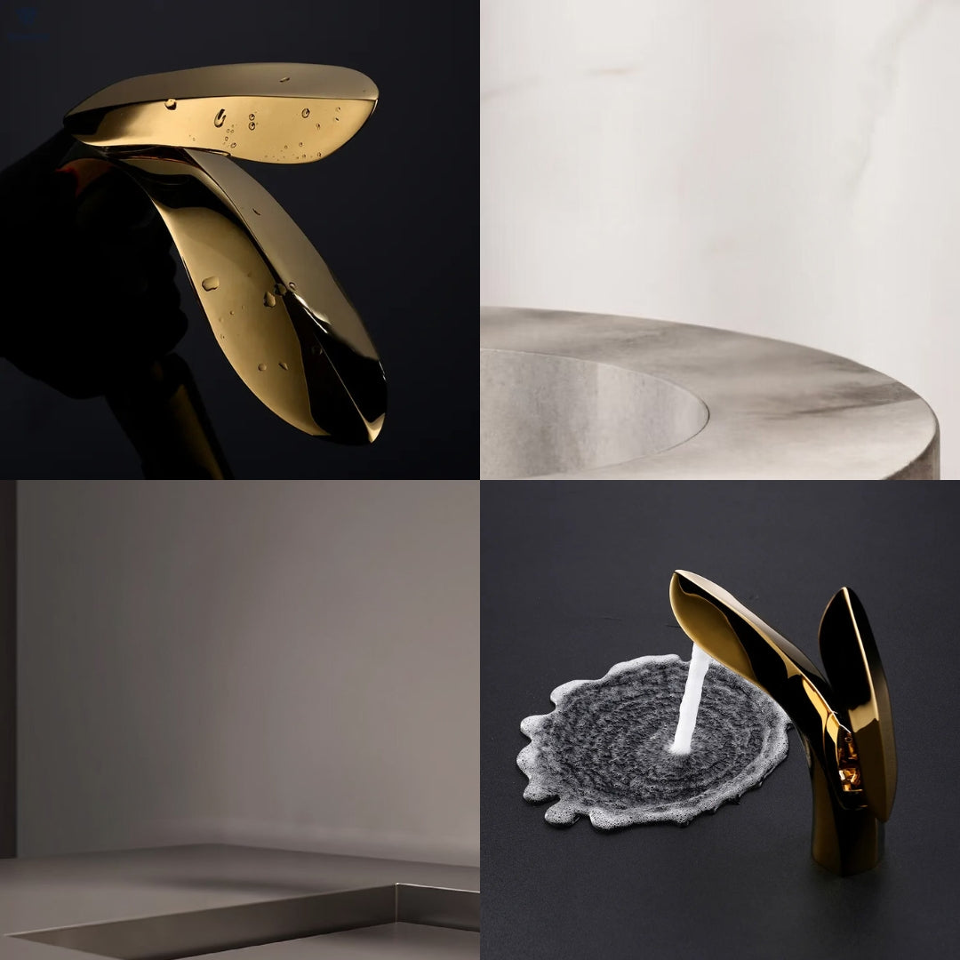 Polished Gold Leaf‑Inspired Bathroom Faucet – Soft Aerated Stream