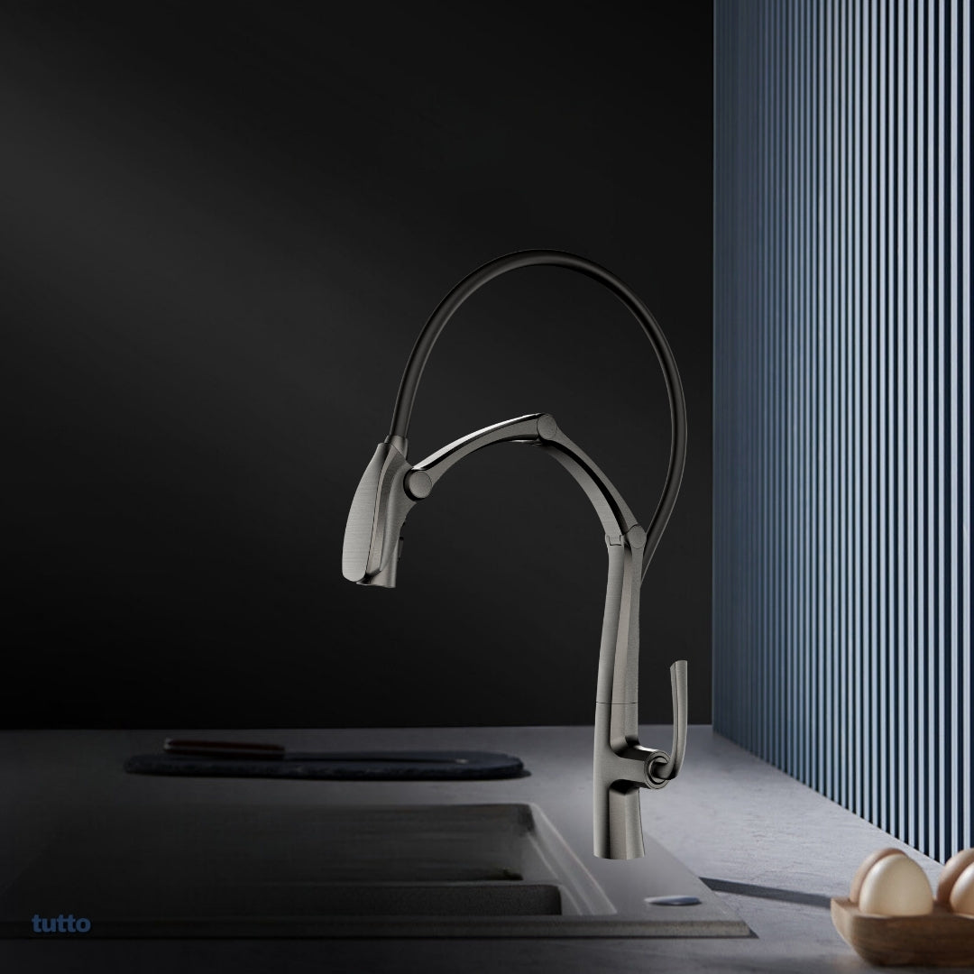 Tutto Copper Robotic-Arm Kitchen Faucet – Magnetic Pull-Down Sprayer Gunmetal Gray